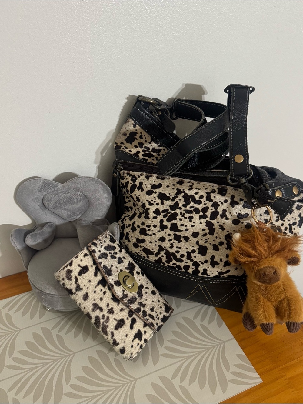 Myra Cowhide Tote and Wallet Set - Black & White